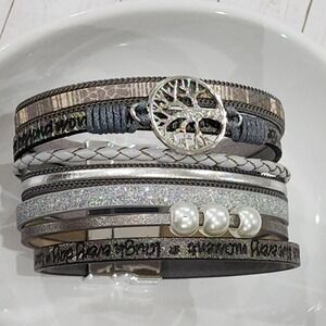 Multilayer Leather‎ Bangle Magnetic Clasp Bracelet for Men or Women 7.5in Silver